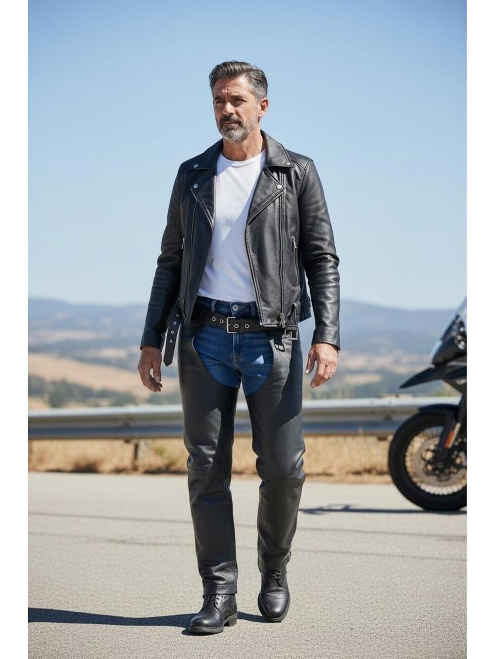 Mens Leather Motorcycle Chaps, up to 42" Waist, 26in From Cuff 2 Top Inside Leg